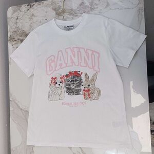 Ganni White Tee with Cute Animal Print